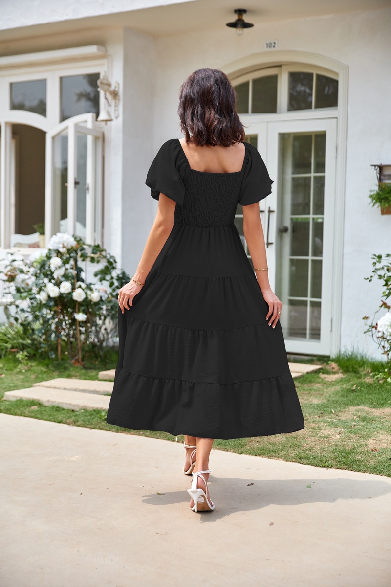 Women's Clothing Dresses Women's Square Neck Backless Bubble Sleeve Pleated Short Sleeved Dress