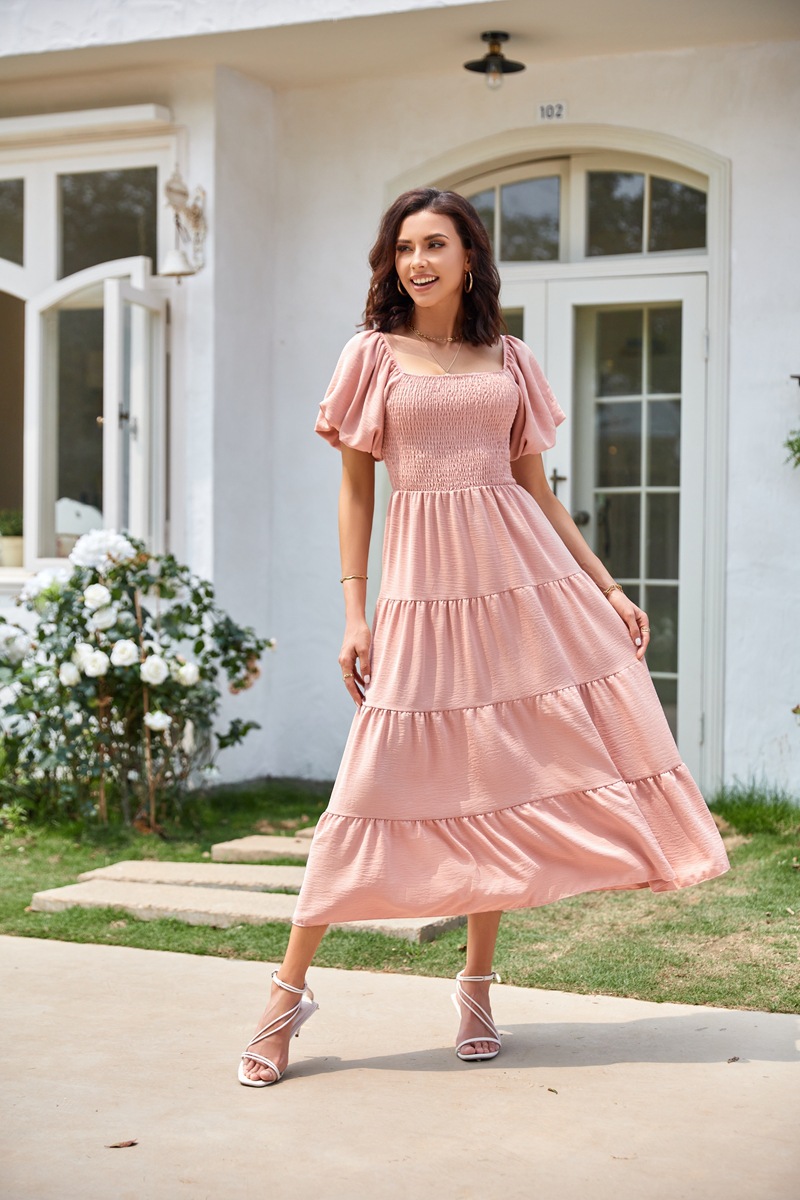 Women's Clothing Dresses Women's Square Neck Backless Bubble Sleeve Pleated Short Sleeved Dress