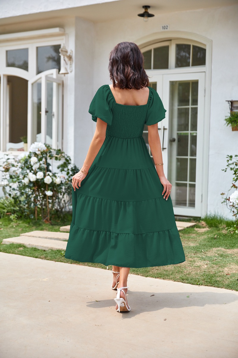Women's Clothing Dresses Women's Square Neck Backless Bubble Sleeve Pleated Short Sleeved Dress