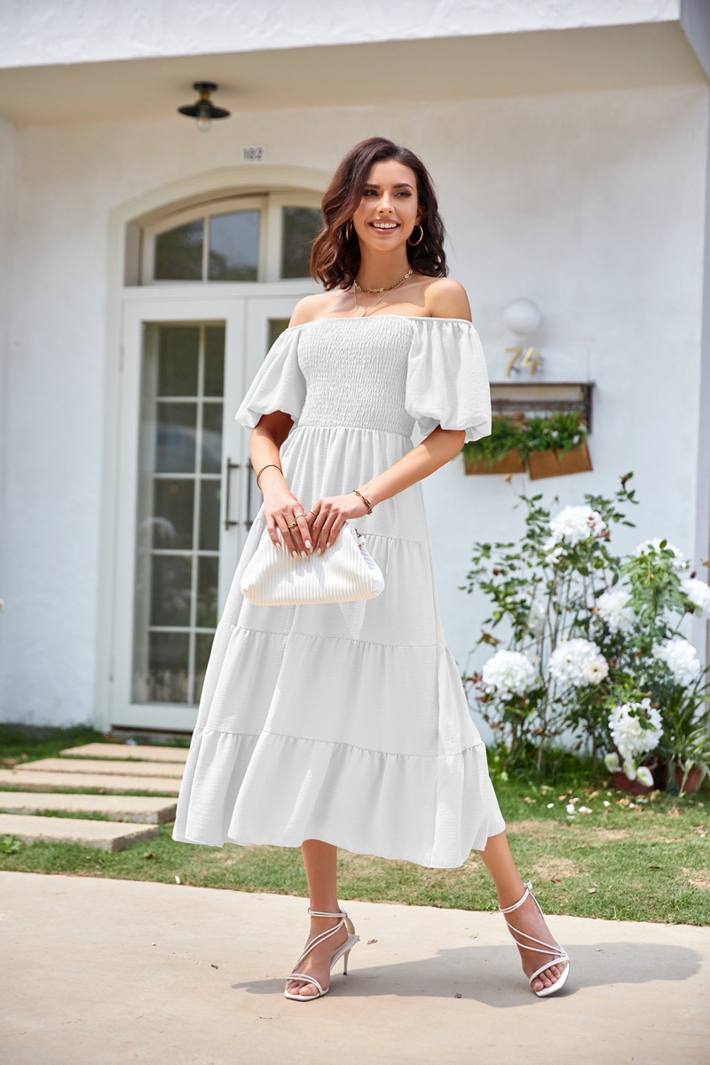 Women's Clothing Dresses Women's Square Neck Backless Bubble Sleeve Pleated Short Sleeved Dress