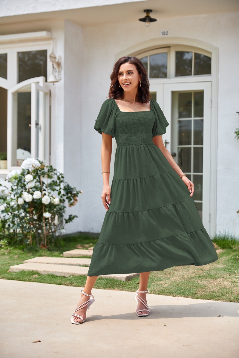 Women's Clothing Dresses Women's Square Neck Backless Bubble Sleeve Pleated Short Sleeved Dress