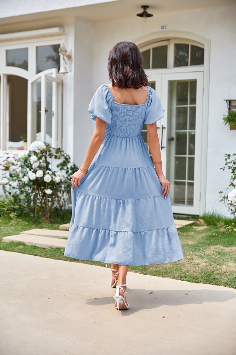 Women's Clothing Dresses Women's Square Neck Backless Bubble Sleeve Pleated Short Sleeved Dress