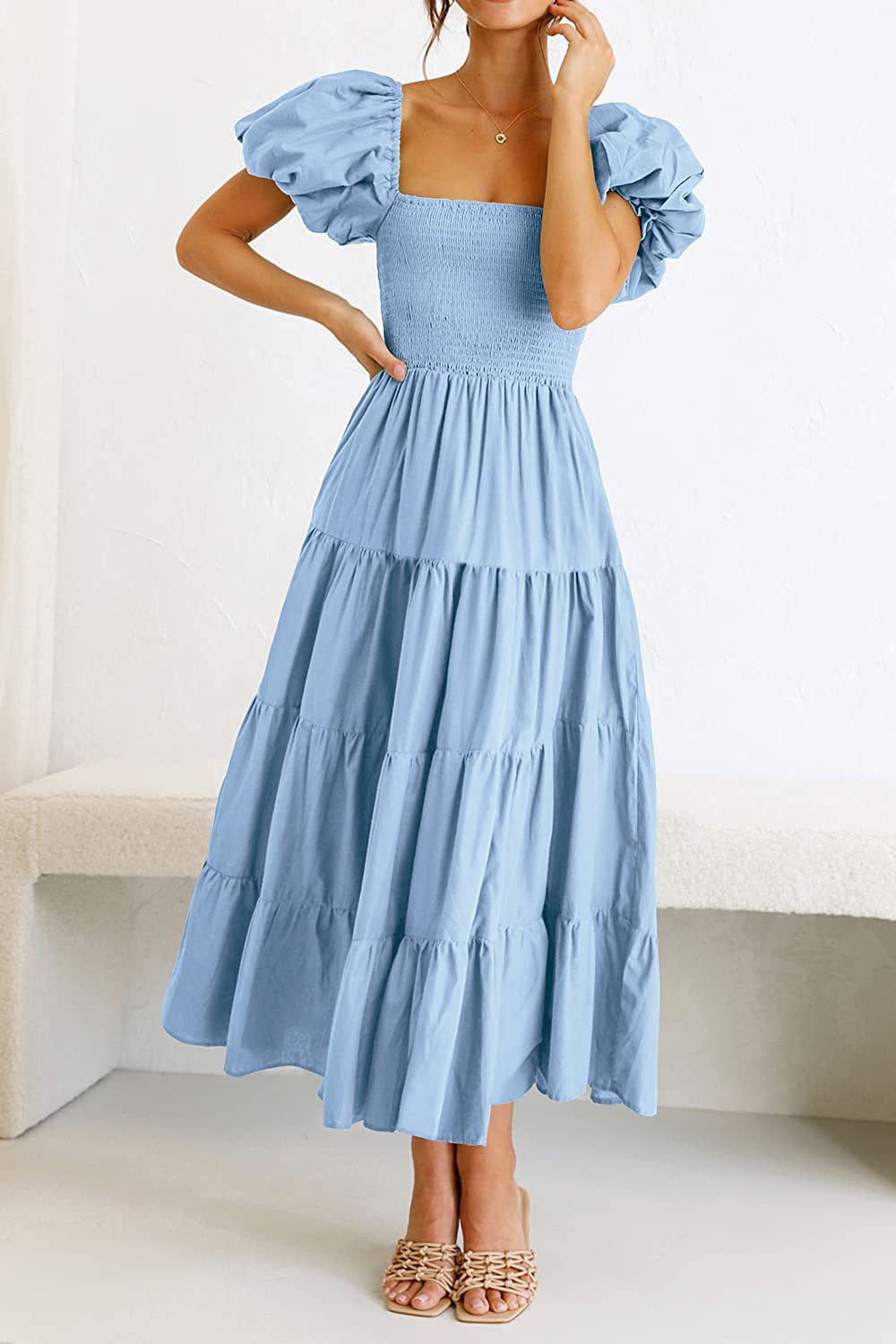 Women's Clothing Dresses Women's Square Neck Backless Bubble Sleeve Pleated Short Sleeved Dress