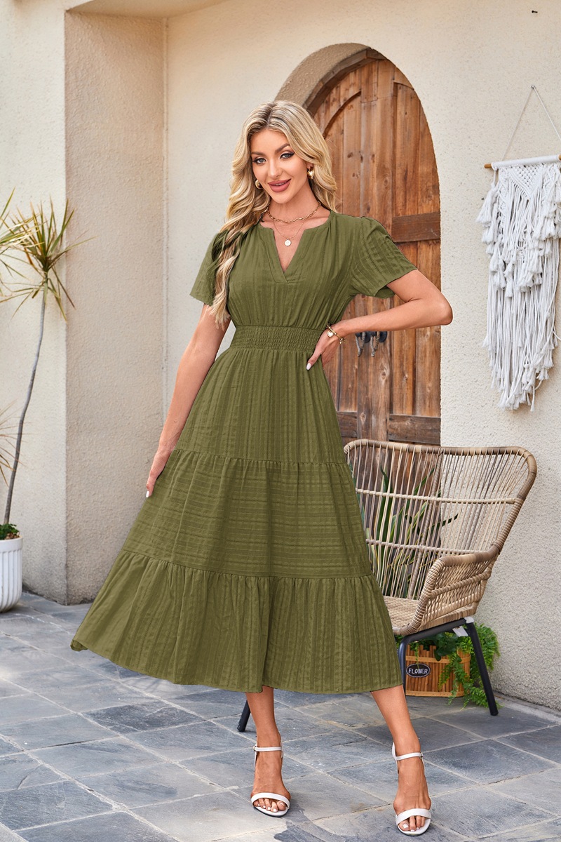 Women's Clothing Dresses Women's V-Neck Pleated Bubble Sleeve Short Sleeved Dress with Large Swing