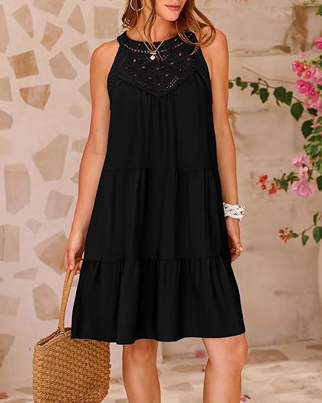Women's Clothing Dresses Women's Spring Summer Hollow Lace Patchwork Hanging Neck A-Line Dress