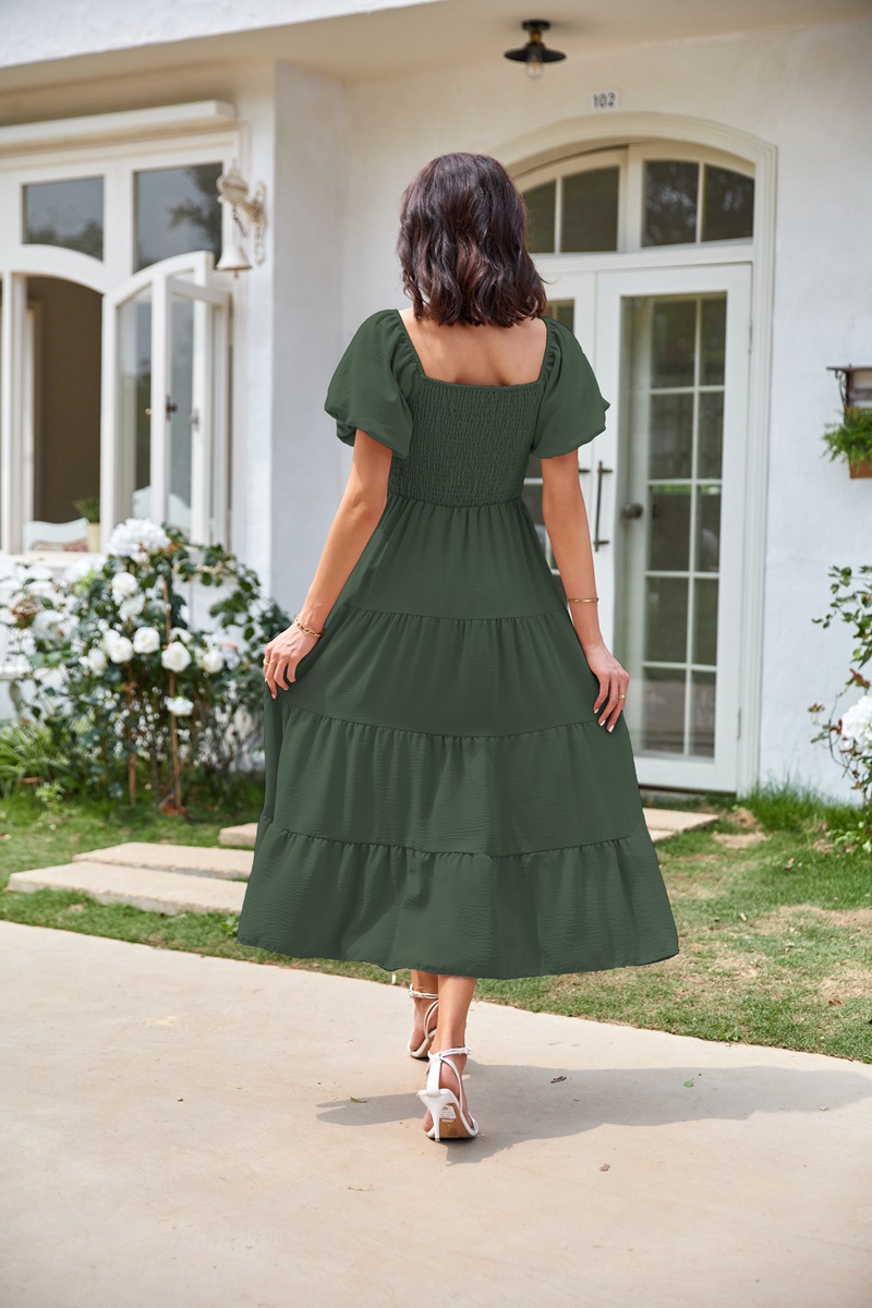 Women's Clothing Dresses Women's Square Neck Backless Bubble Sleeve Pleated Short Sleeved Dress