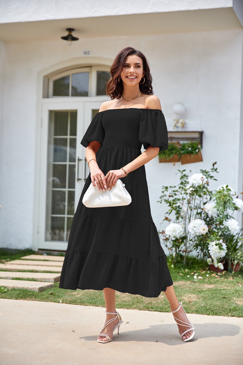 Women's Clothing Dresses Women's Square Neck Backless Bubble Sleeve Pleated Short Sleeved Dress