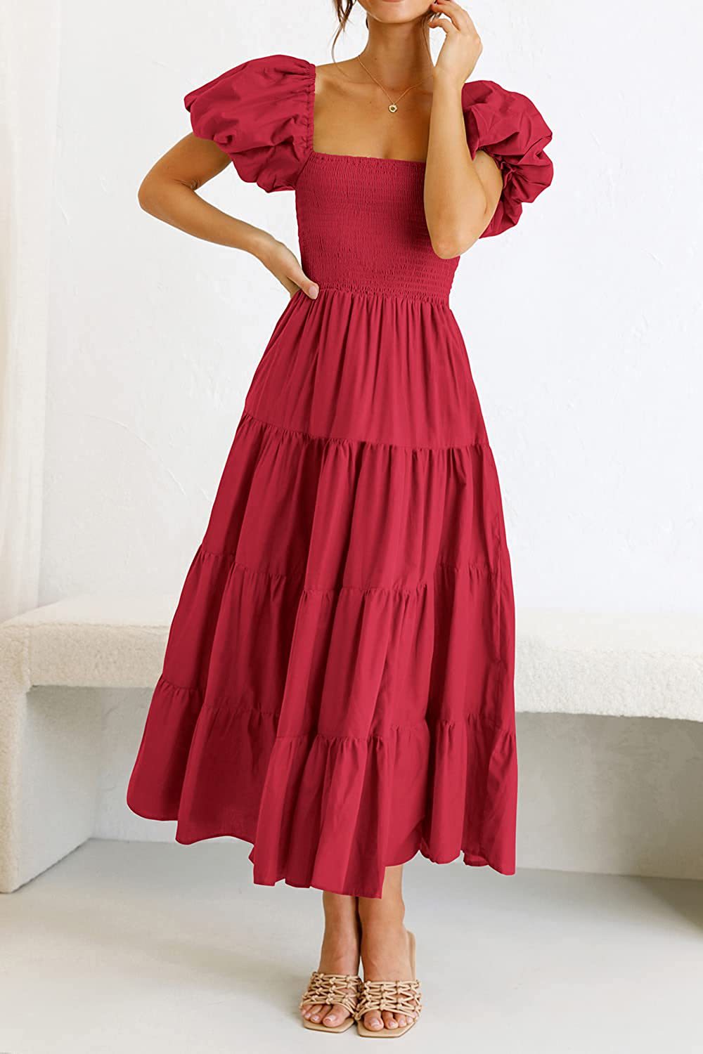 Women's Clothing Dresses Women's Square Neck Backless Bubble Sleeve Pleated Short Sleeved Dress