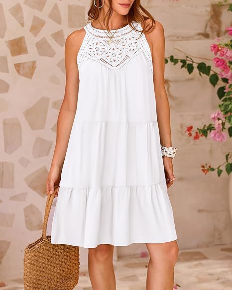 Women's Clothing Dresses Women's Spring Summer Hollow Lace Patchwork Hanging Neck A-Line Dress