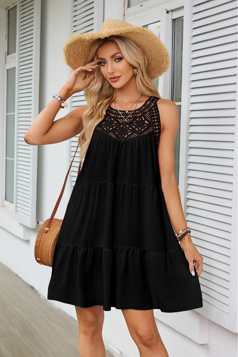 Women's Clothing Dresses Women's Spring Summer Hollow Lace Patchwork Hanging Neck A-Line Dress
