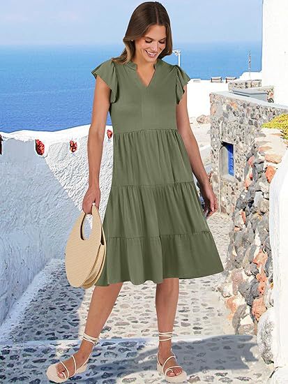 Women's Clothing Dresses Women's V-Neck Ruffle Sleeves Mid Length Patchwork Large Swing Pocket Dress