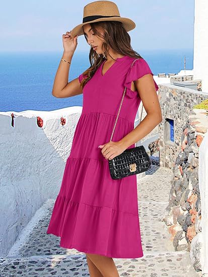 Women's Clothing Dresses Women's V-Neck Ruffle Sleeves Mid Length Patchwork Large Swing Pocket Dress