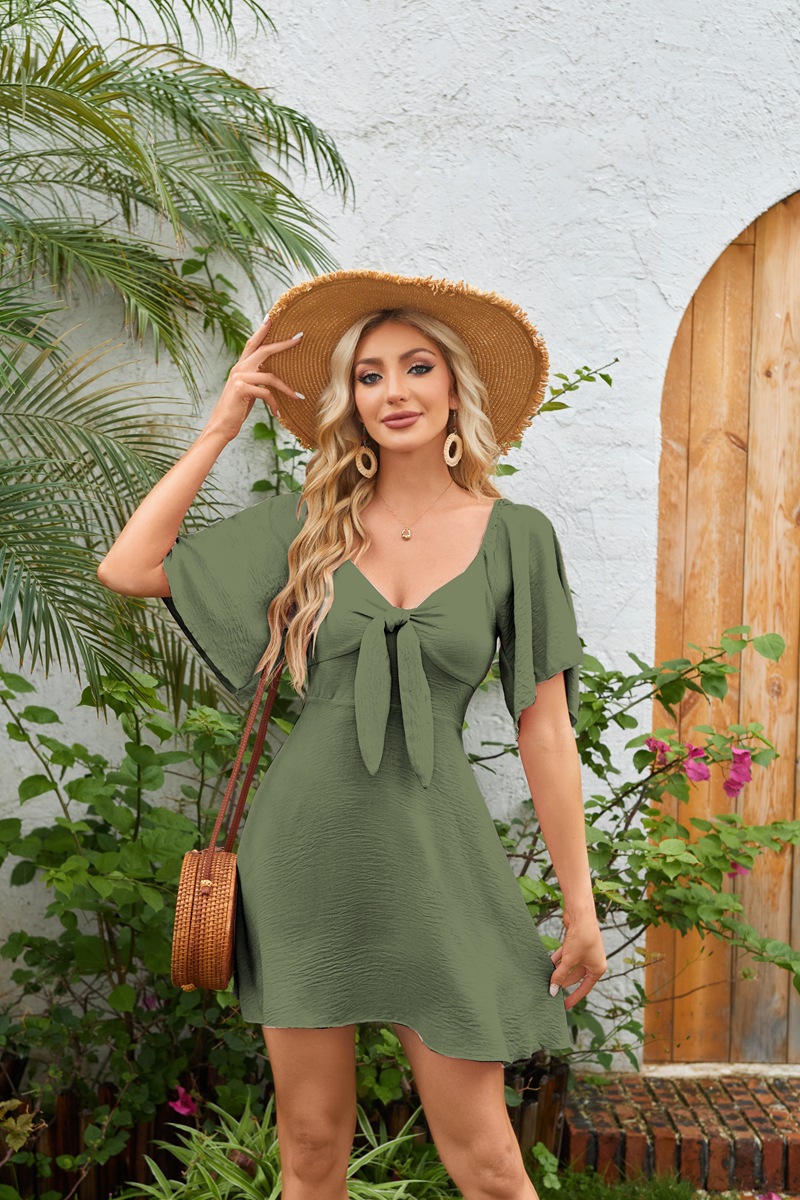 Women's Clothing Dresses Women's V-Neck Bow Tie Short Sleeved Mini Dress