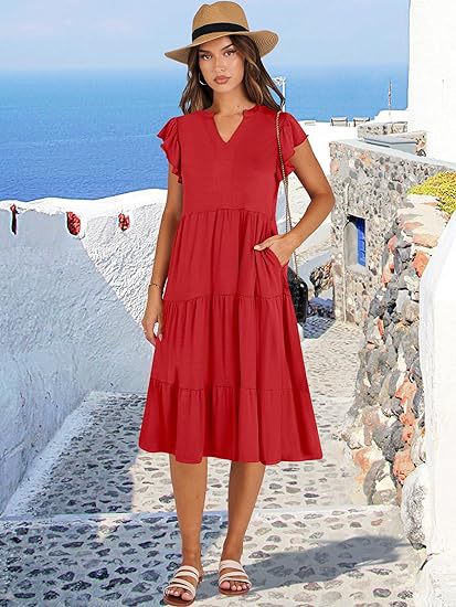 Women's Clothing Dresses Women's V-Neck Ruffle Sleeves Mid Length Patchwork Large Swing Pocket Dress