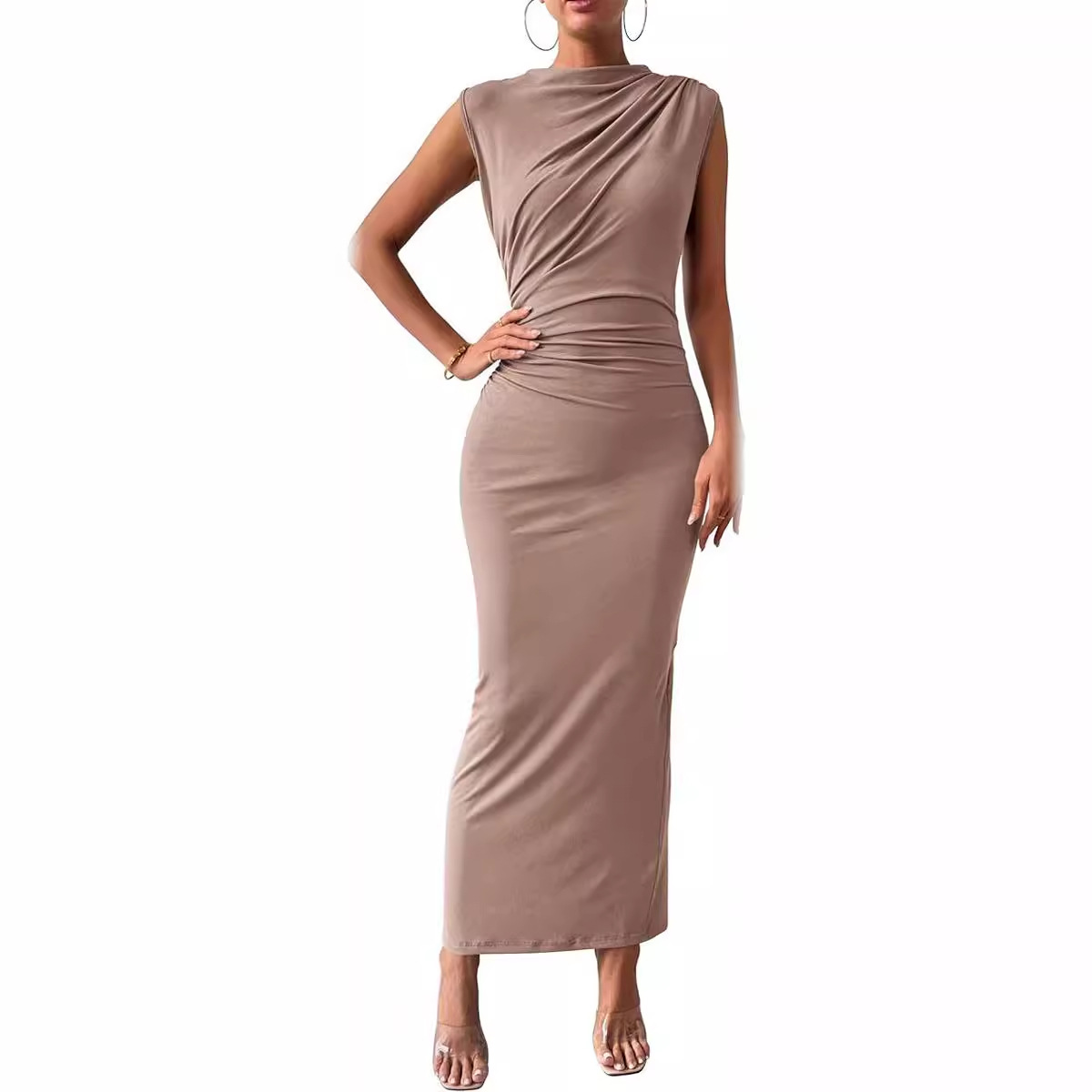 Women's Clothing Dresses Women's Spring Summer Sleeveless Back Slit Pleated Tight Dress