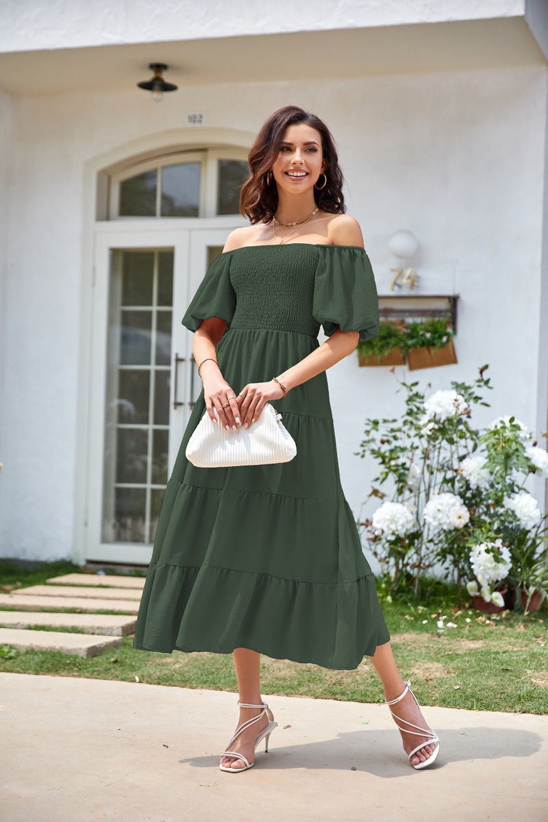Women's Clothing Dresses Women's Square Neck Backless Bubble Sleeve Pleated Short Sleeved Dress