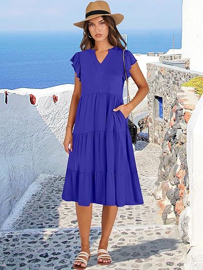 Women's Clothing Dresses Women's V-Neck Ruffle Sleeves Mid Length Patchwork Large Swing Pocket Dress