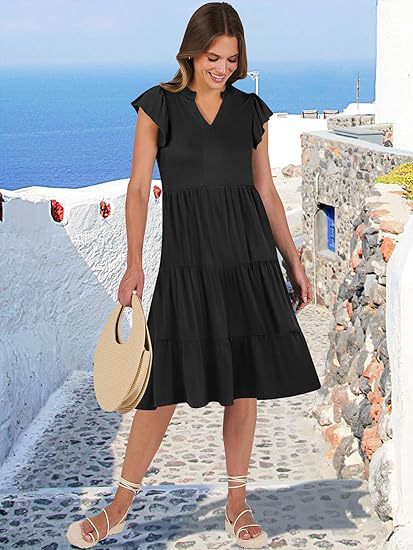 Women's Clothing Dresses Women's V-Neck Ruffle Sleeves Mid Length Patchwork Large Swing Pocket Dress