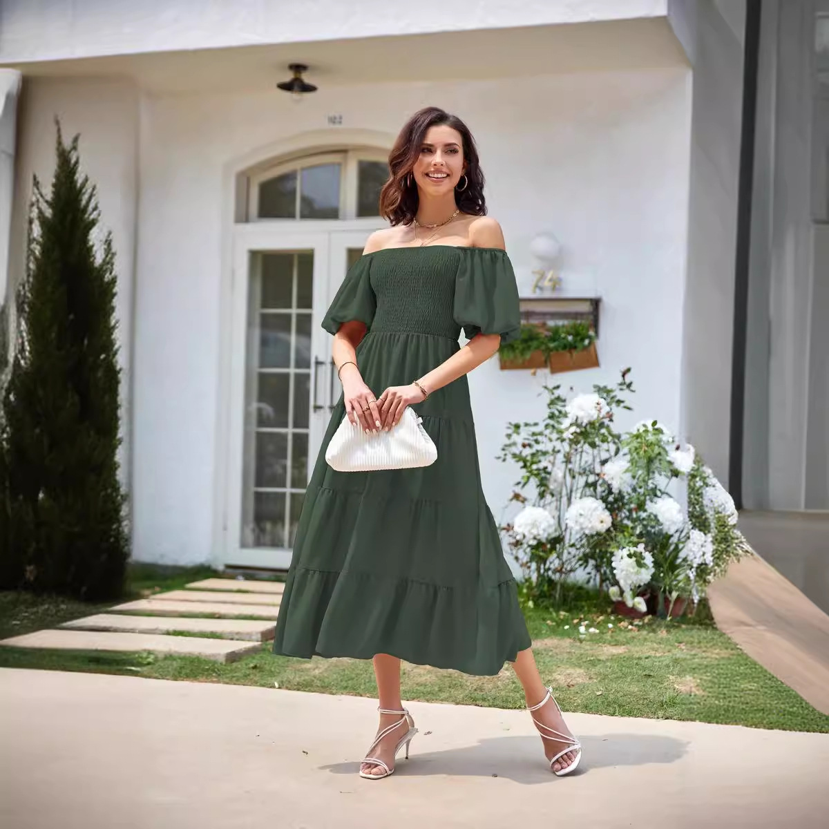 Women's Clothing Dresses Women's Square Neck Backless Bubble Sleeve Pleated Short Sleeved Dress
