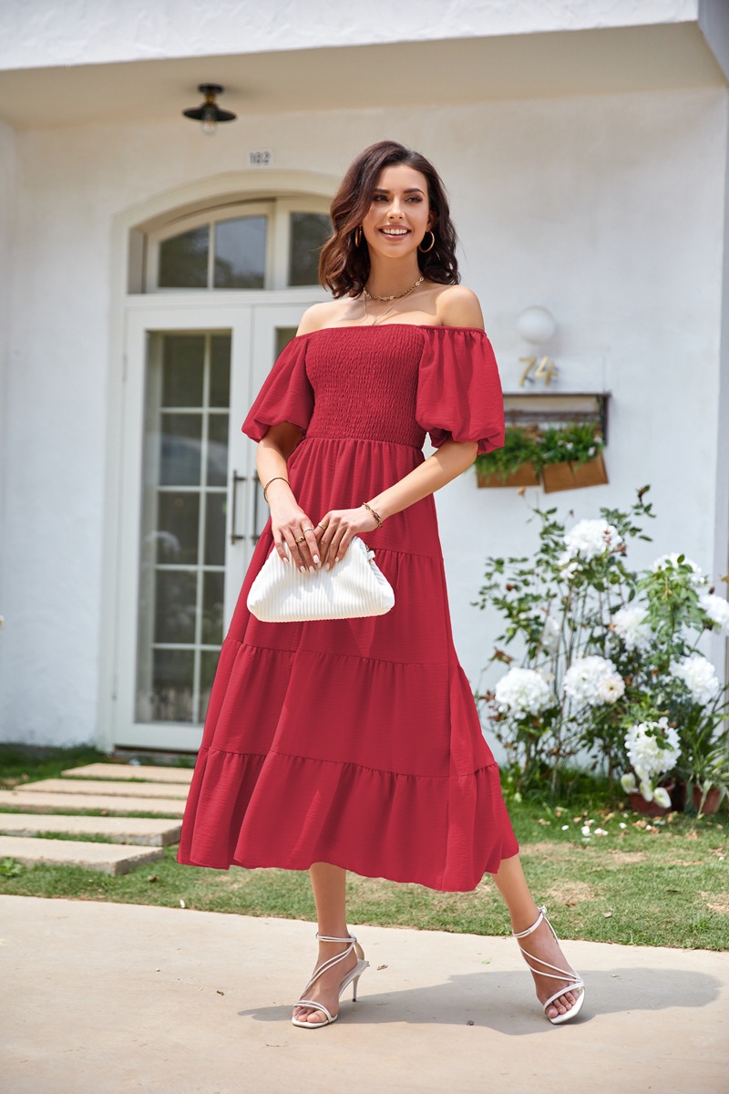 Women's Clothing Dresses Women's Square Neck Backless Bubble Sleeve Pleated Short Sleeved Dress