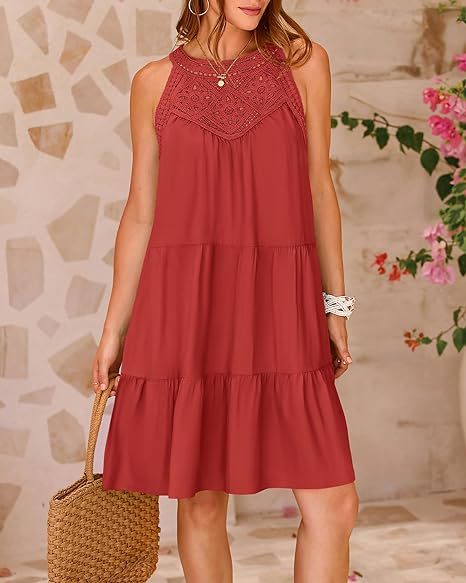 Women's Clothing Dresses Women's Spring Summer Hollow Lace Patchwork Hanging Neck A-Line Dress