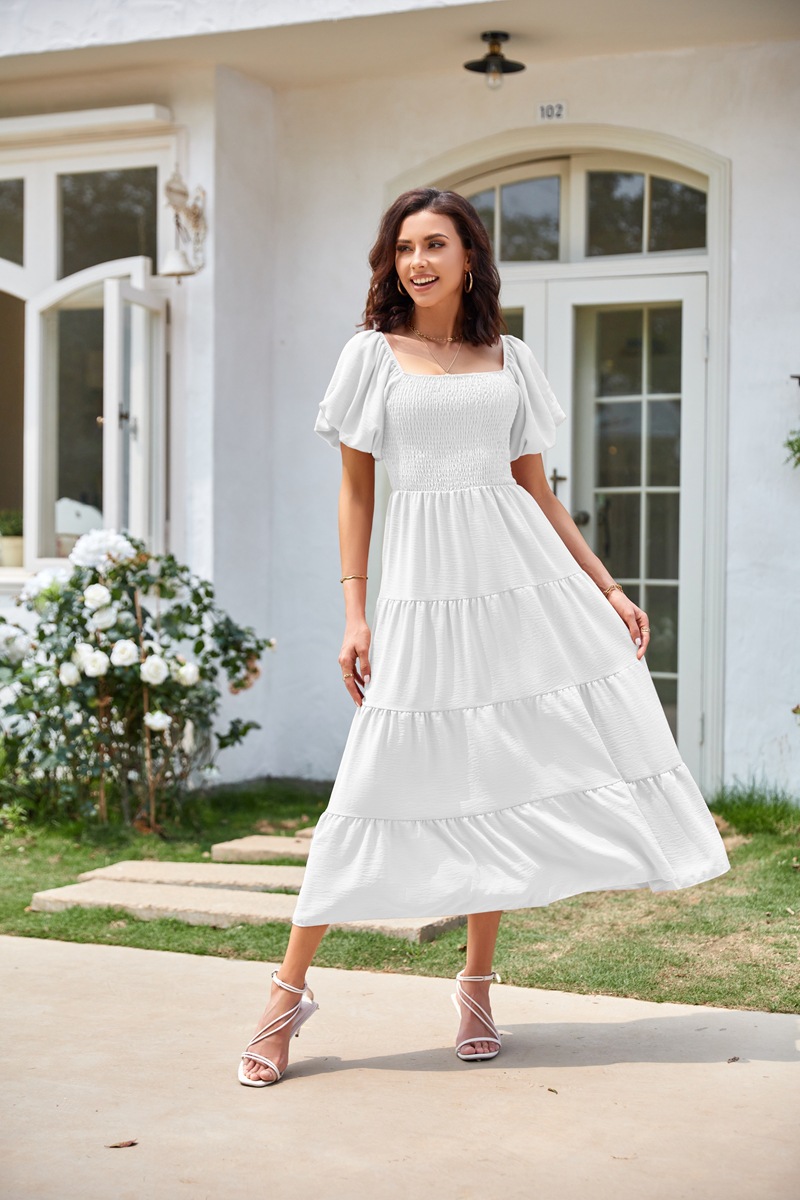 Women's Clothing Dresses Women's Square Neck Backless Bubble Sleeve Pleated Short Sleeved Dress