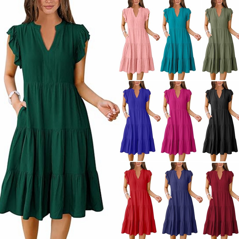 Women's Clothing Dresses Women's V-Neck Ruffle Sleeves Mid Length Patchwork Large Swing Pocket Dress