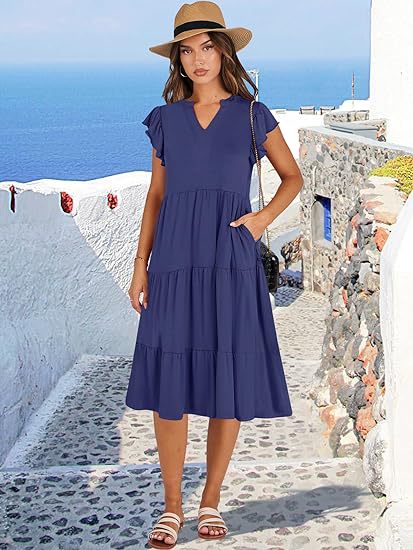 Women's Clothing Dresses Women's V-Neck Ruffle Sleeves Mid Length Patchwork Large Swing Pocket Dress