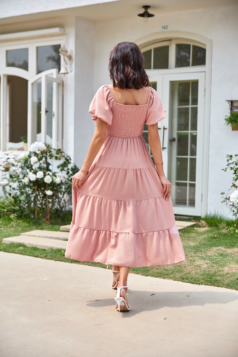 Women's Clothing Dresses Women's Square Neck Backless Bubble Sleeve Pleated Short Sleeved Dress