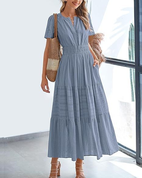 Women's Clothing Dresses Women's V-Neck Pleated Bubble Sleeve Short Sleeved Dress with Large Swing