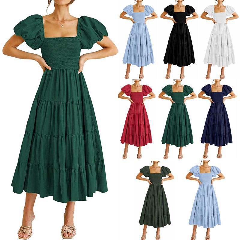 Women's Clothing Dresses Women's Square Neck Backless Bubble Sleeve Pleated Short Sleeved Dress