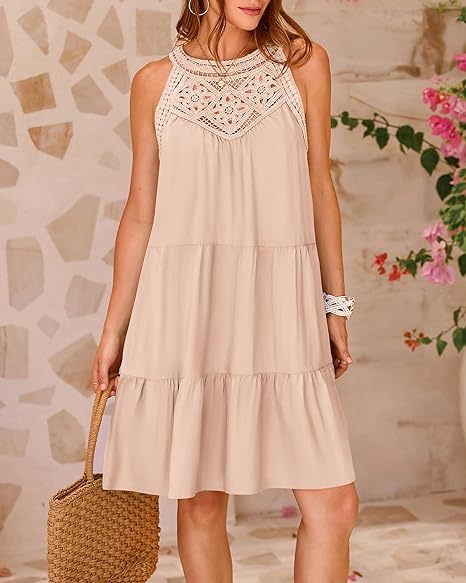Women's Clothing Dresses Women's Spring Summer Hollow Lace Patchwork Hanging Neck A-Line Dress