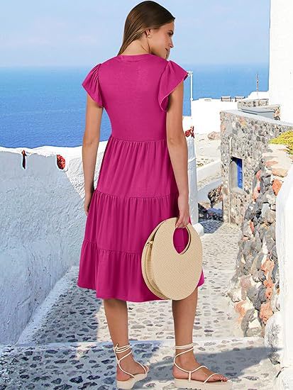 Women's Clothing Dresses Women's V-Neck Ruffle Sleeves Mid Length Patchwork Large Swing Pocket Dress