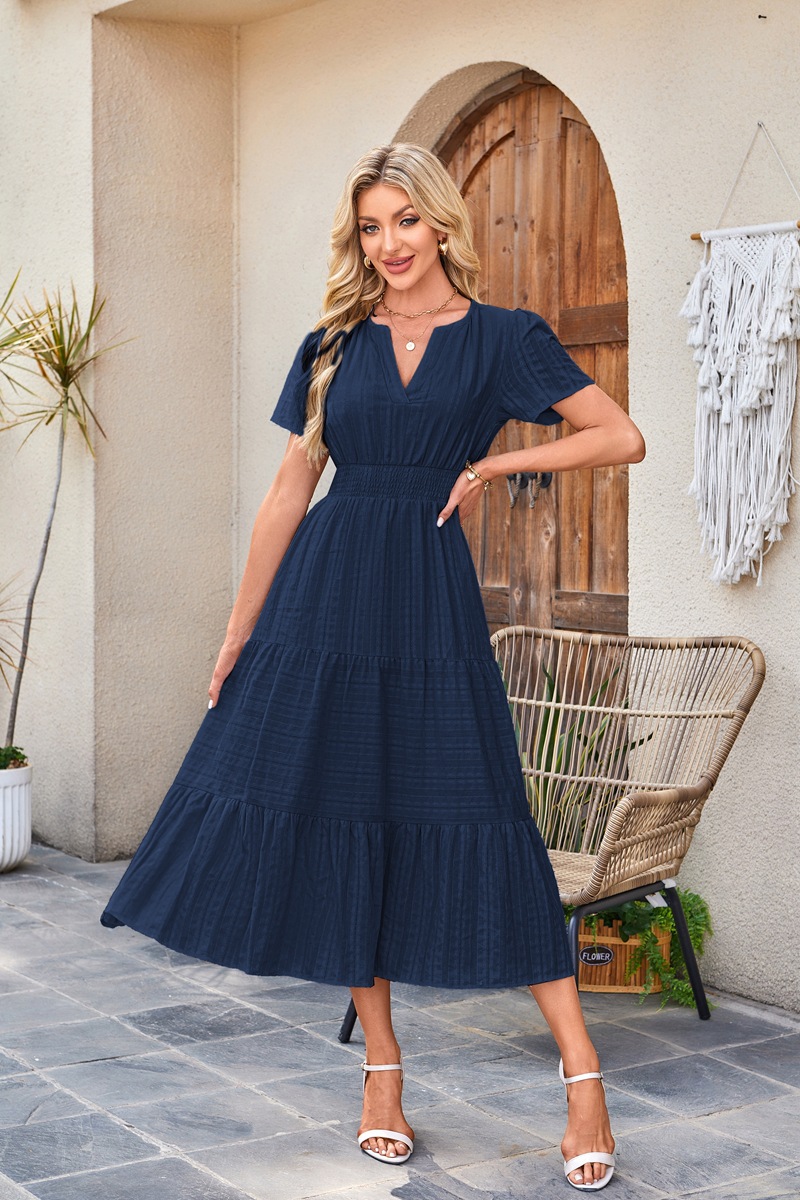 Women's Clothing Dresses Women's V-Neck Pleated Bubble Sleeve Short Sleeved Dress with Large Swing