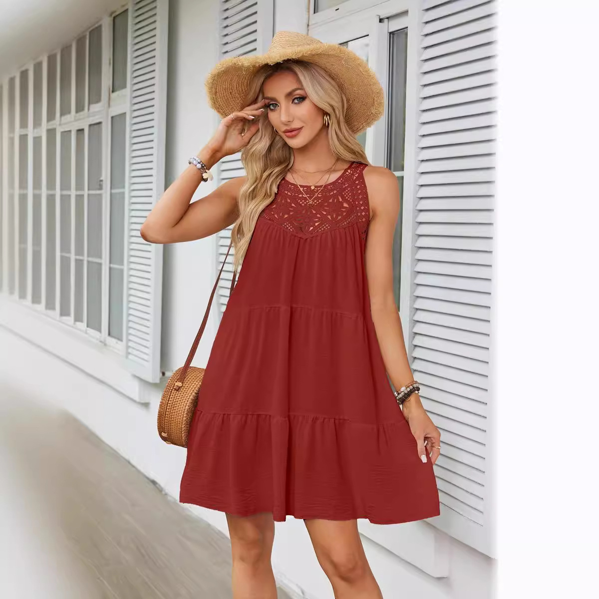 Women's Clothing Dresses Women's Spring Summer Hollow Lace Patchwork Hanging Neck A-Line Dress