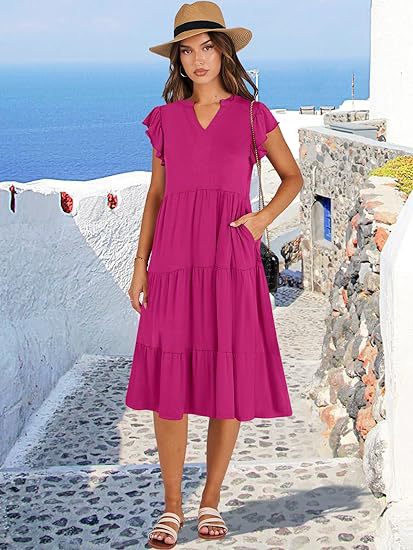 Women's Clothing Dresses Women's V-Neck Ruffle Sleeves Mid Length Patchwork Large Swing Pocket Dress