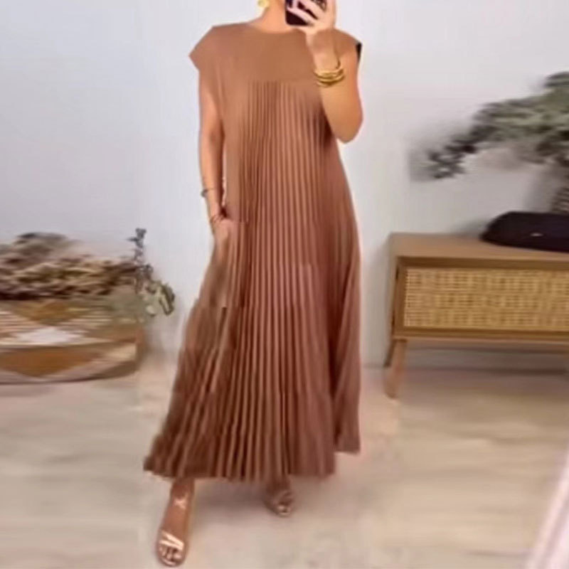 New Dress for Women Elegant Fashionable Round Neck Sleeveless Pleated Long Dress Women's Clothing Dresses
