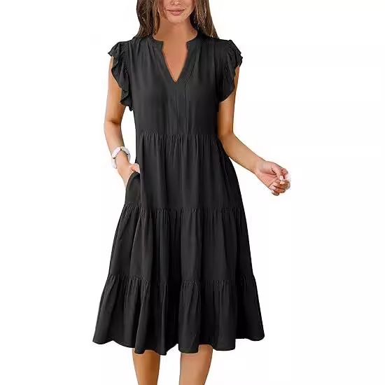 Women's Clothing Dresses Women's V-Neck Ruffle Sleeves Mid Length Patchwork Large Swing Pocket Dress