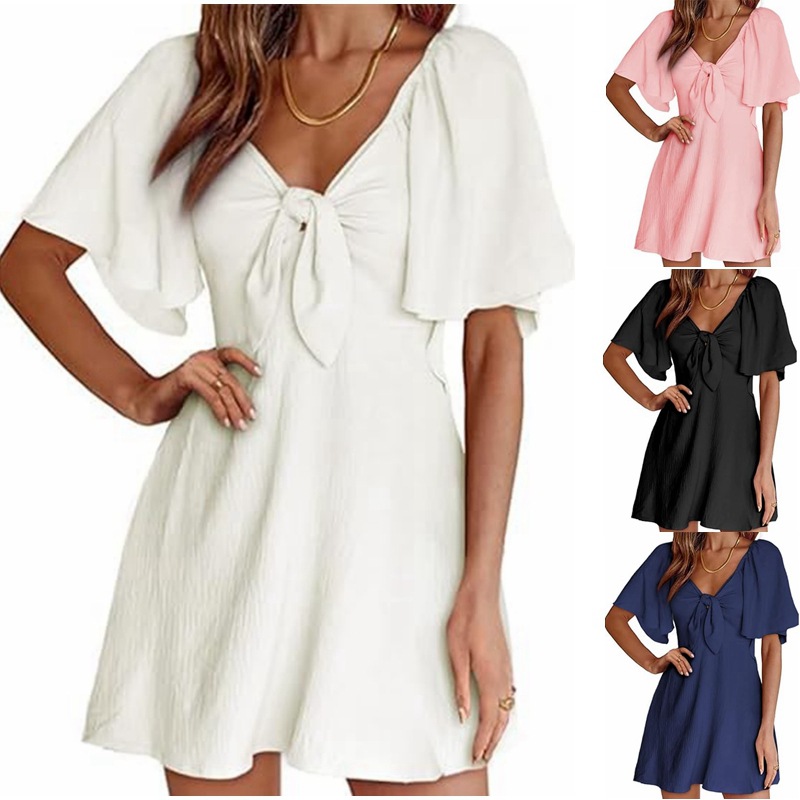 Women's Clothing Dresses Women's V-Neck Bow Tie Short Sleeved Mini Dress