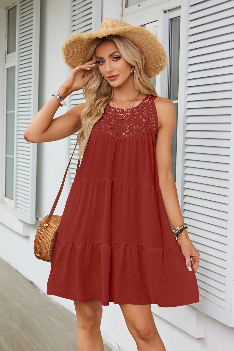 Women's Clothing Dresses Women's Spring Summer Hollow Lace Patchwork Hanging Neck A-Line Dress