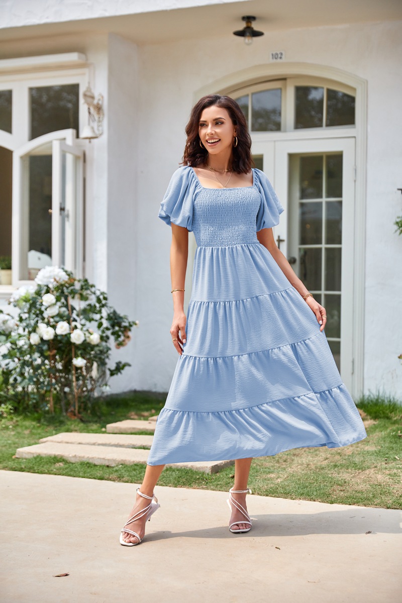 Women's Clothing Dresses Women's Square Neck Backless Bubble Sleeve Pleated Short Sleeved Dress