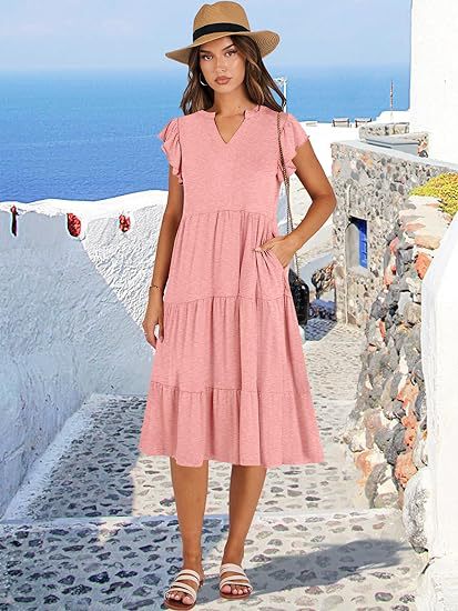 Women's Clothing Dresses Women's V-Neck Ruffle Sleeves Mid Length Patchwork Large Swing Pocket Dress