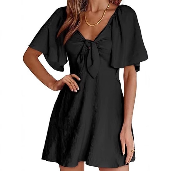 Women's Clothing Dresses Women's V-Neck Bow Tie Short Sleeved Mini Dress