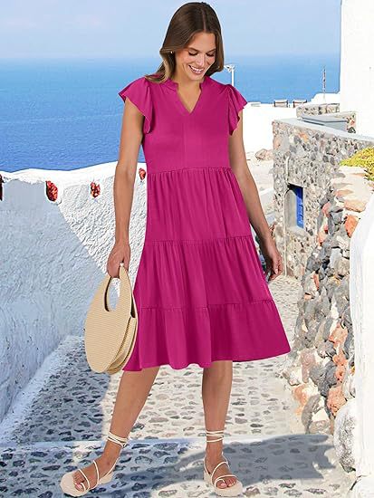 Women's Clothing Dresses Women's V-Neck Ruffle Sleeves Mid Length Patchwork Large Swing Pocket Dress