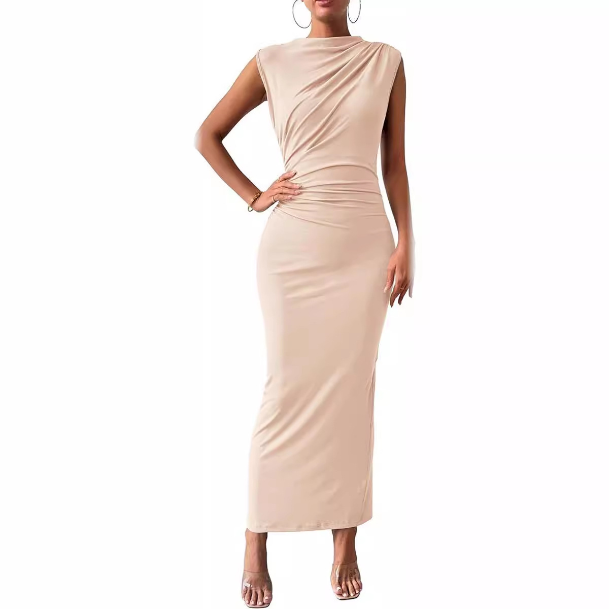 Women's Clothing Dresses Women's Spring Summer Sleeveless Back Slit Pleated Tight Dress