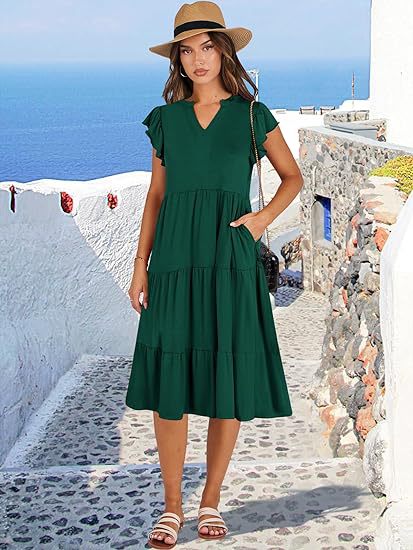 Women's Clothing Dresses Women's V-Neck Ruffle Sleeves Mid Length Patchwork Large Swing Pocket Dress