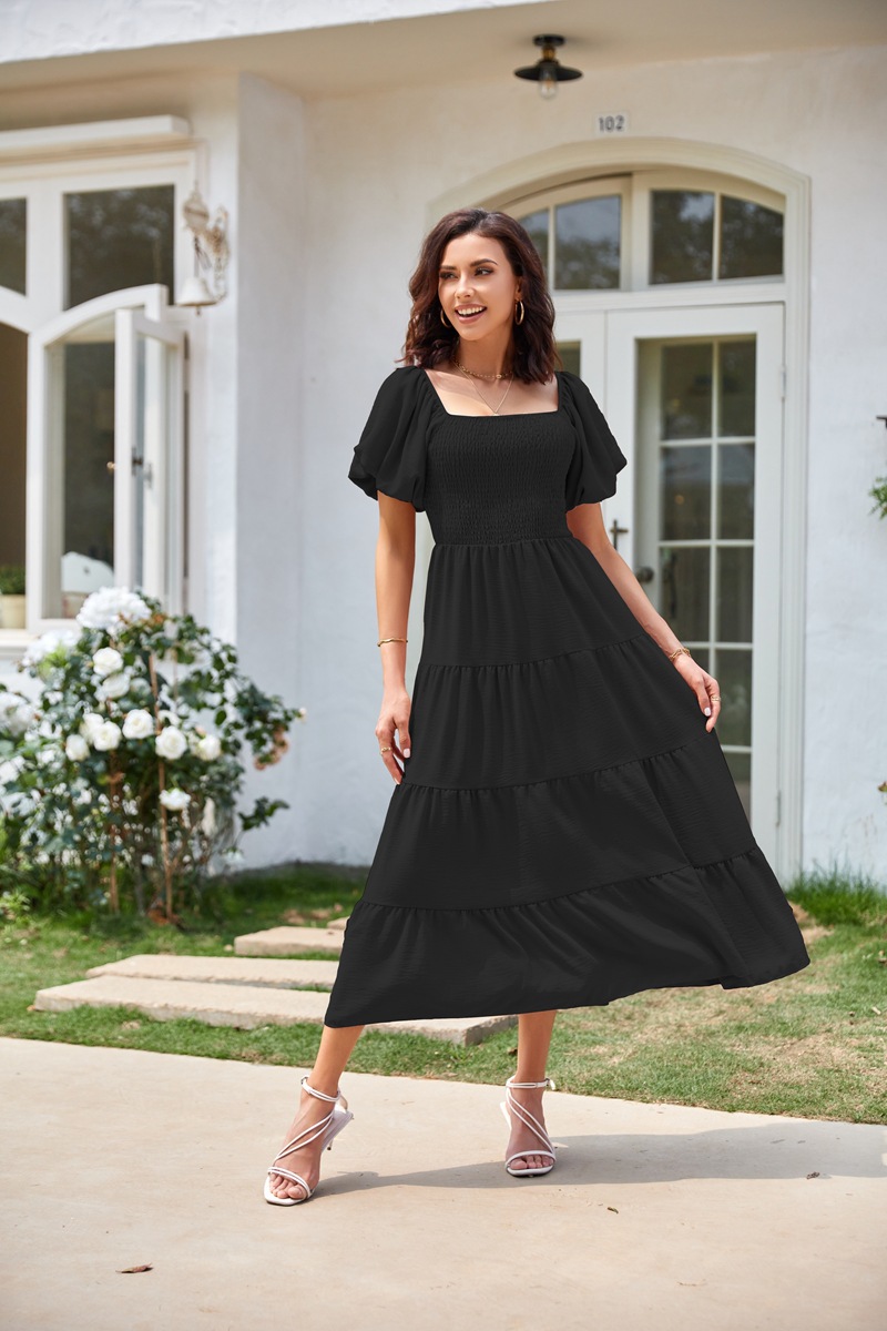 Women's Clothing Dresses Women's Square Neck Backless Bubble Sleeve Pleated Short Sleeved Dress