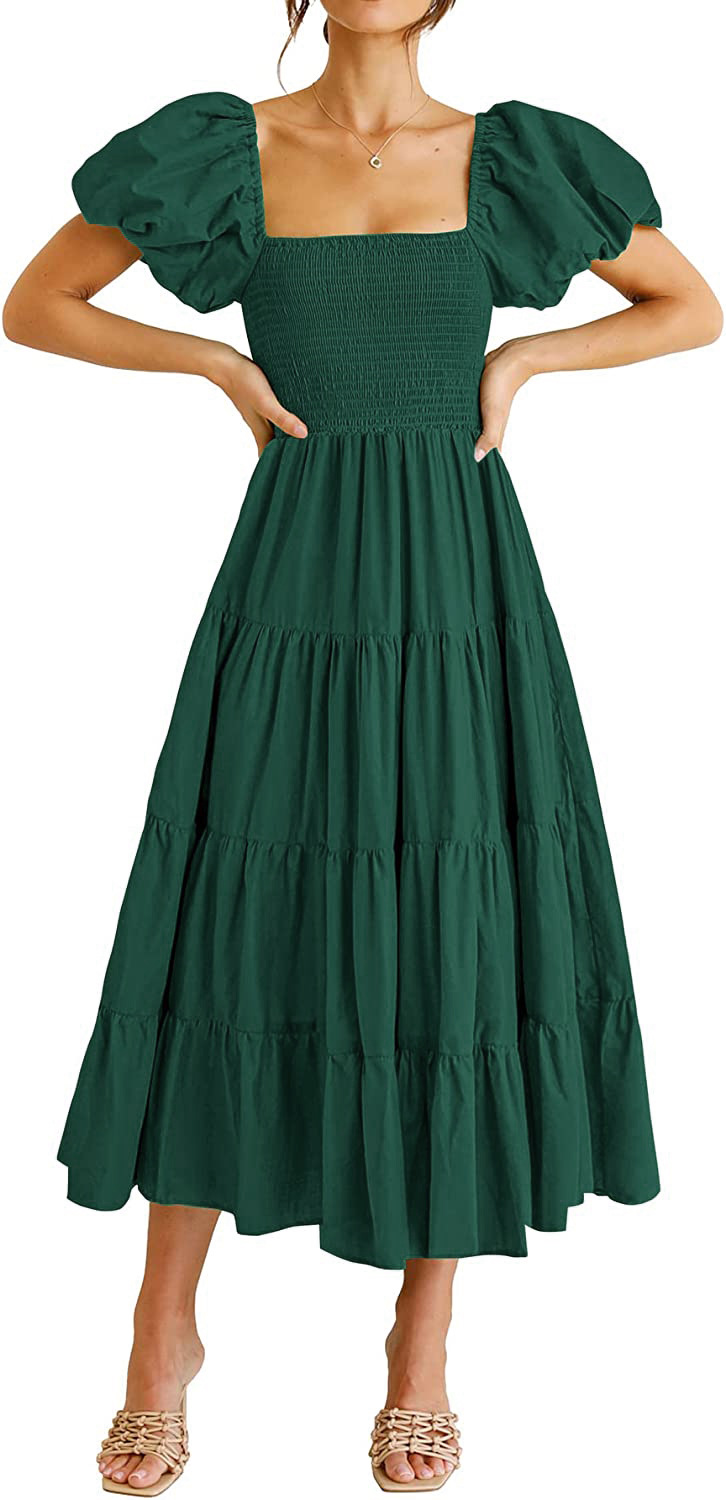 Women's Clothing Dresses Women's Square Neck Backless Bubble Sleeve Pleated Short Sleeved Dress
