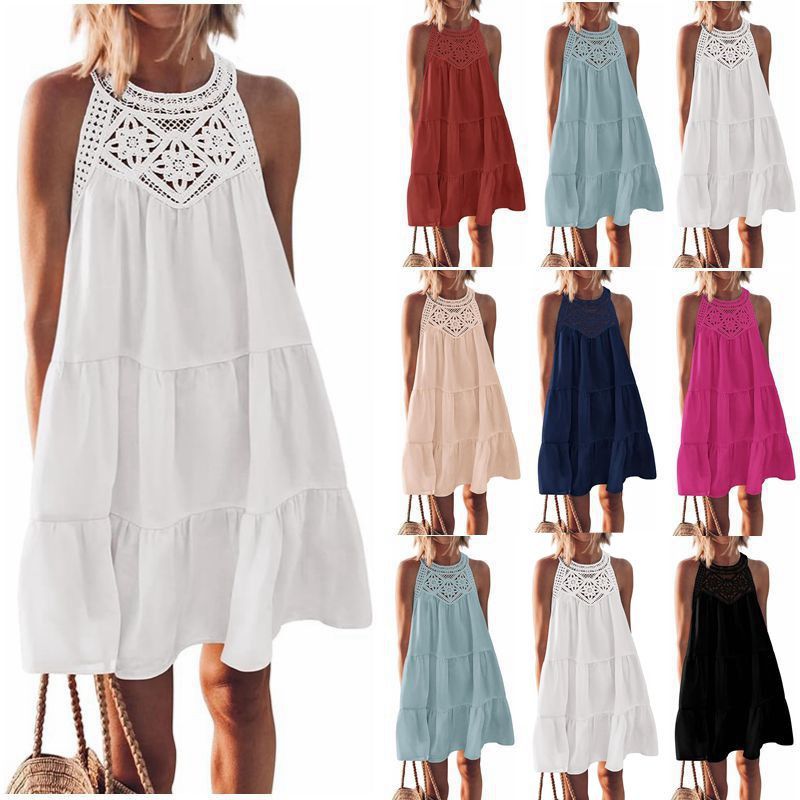 Women's Clothing Dresses Women's Spring Summer Hollow Lace Patchwork Hanging Neck A-Line Dress
