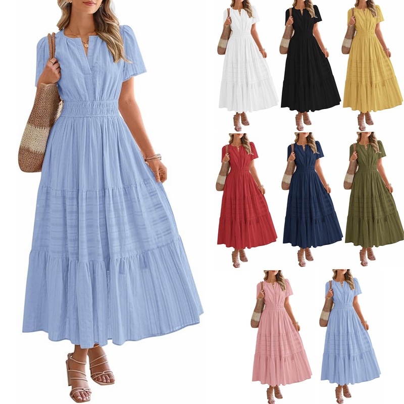 Women's Clothing Dresses Women's V-Neck Pleated Bubble Sleeve Short Sleeved Dress with Large Swing